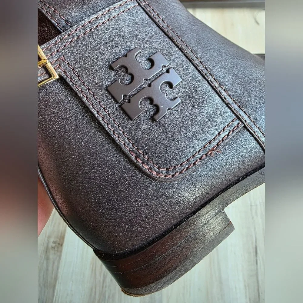 Tory Burch Wyatt Over-The-Knee Boot Brown Leather & Suede Gold Buckle 6M Riding